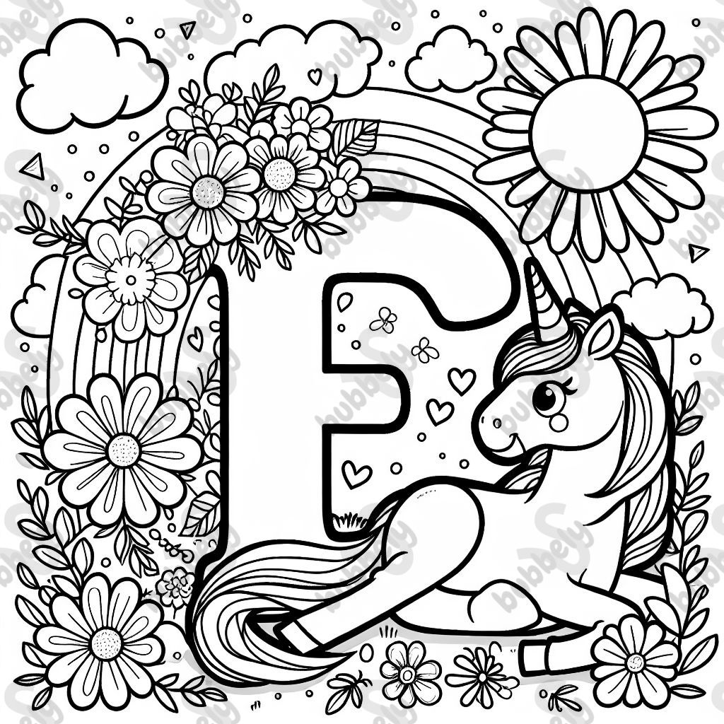 The Letter E surrounded by flowers and a unicorn