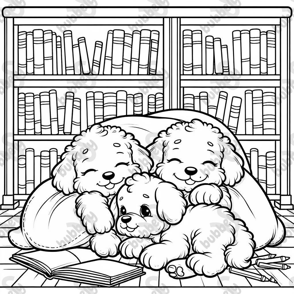 Cavoodle puppies cuddling up to go to sleep in a library