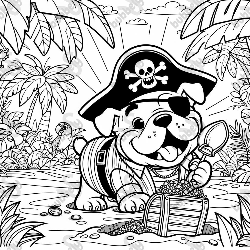 A pirate pup bulldog digging for treasure in a jungle