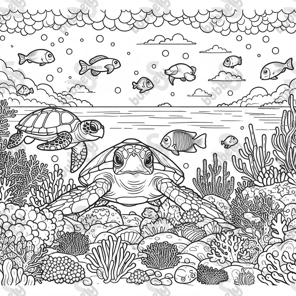 A coral reef with turtles, fishes and stingray