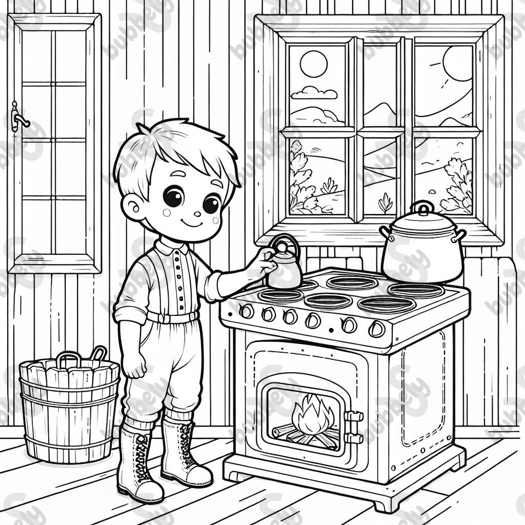garçon près d'un poêle garçon près d'un poêle