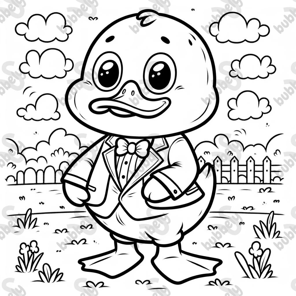 A duck wearing a tuxedo