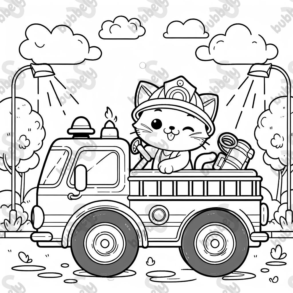 A cute kitty driving a firetruck 