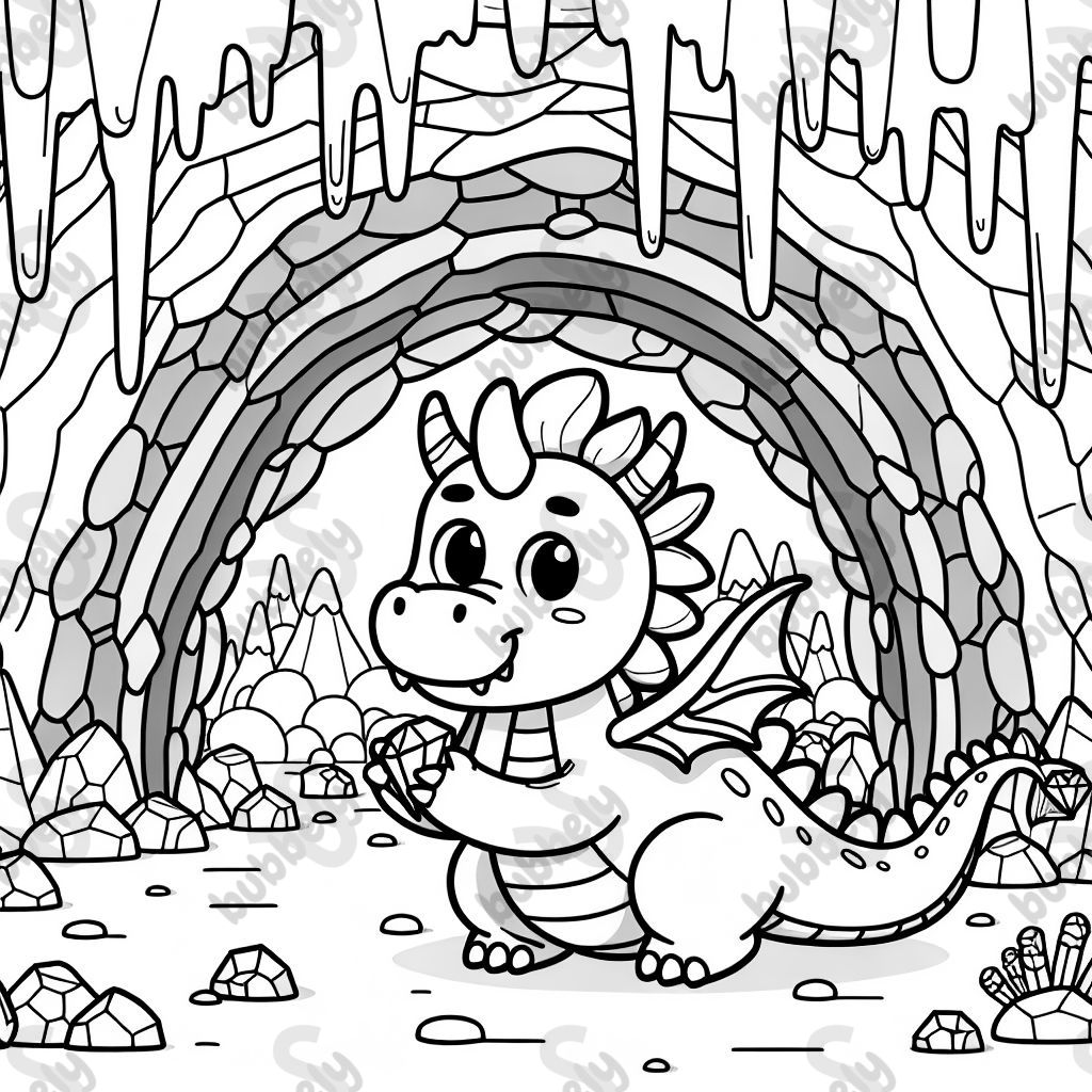 Rainbow dragon searching for gems in a cave