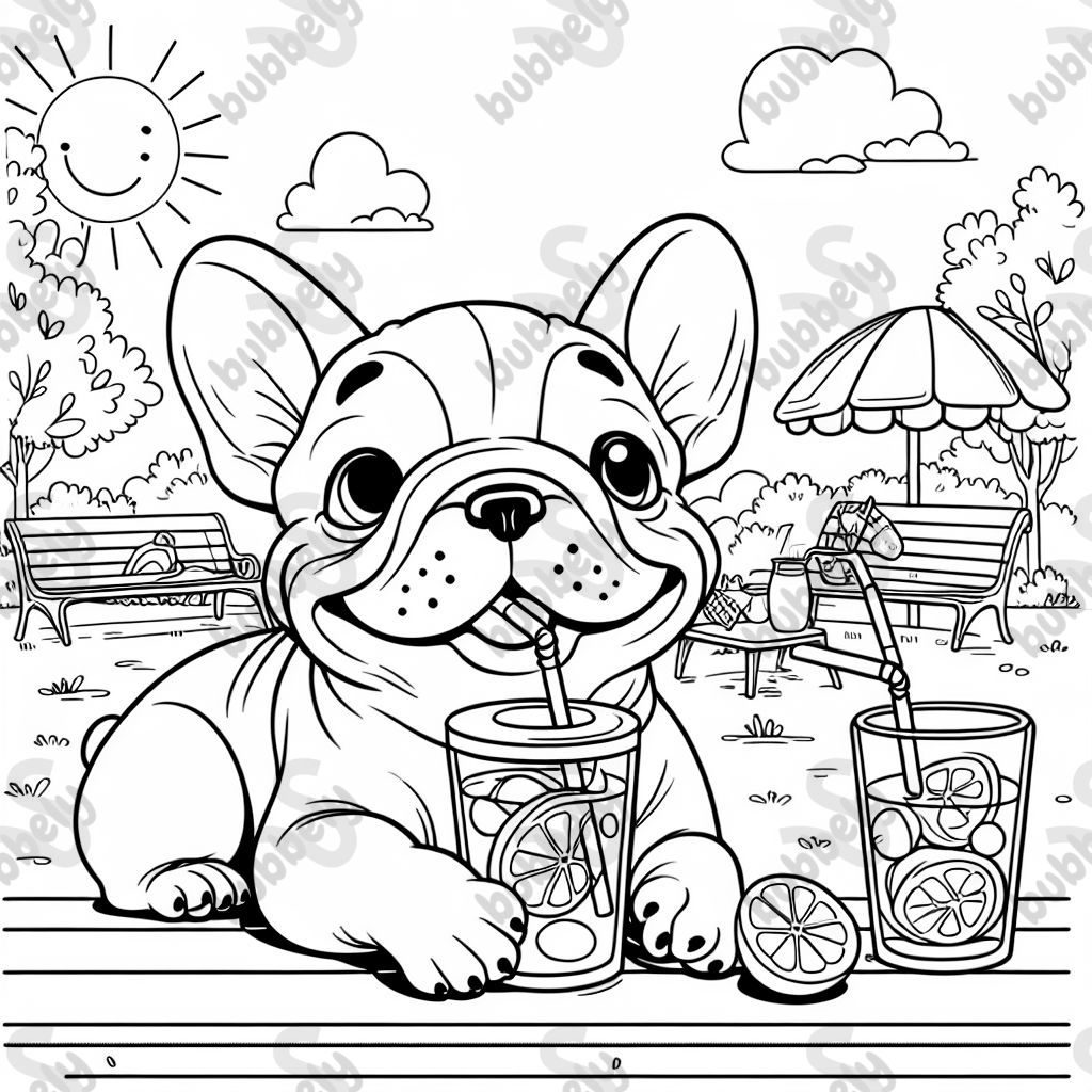 a French Bulldog drinking a lemonade