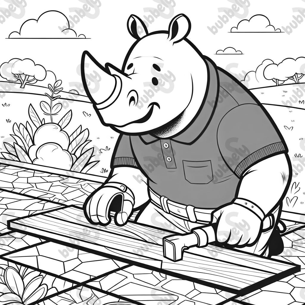 A rhino wearing a blue polo shirt while installing flooring