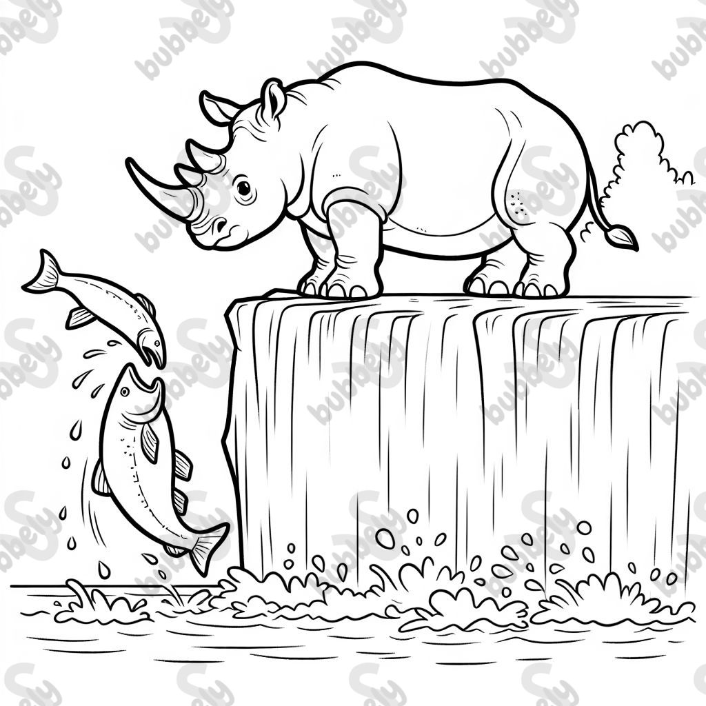 A rhino standing in the edge of a waterfall catching a jumping salmon in its mouth