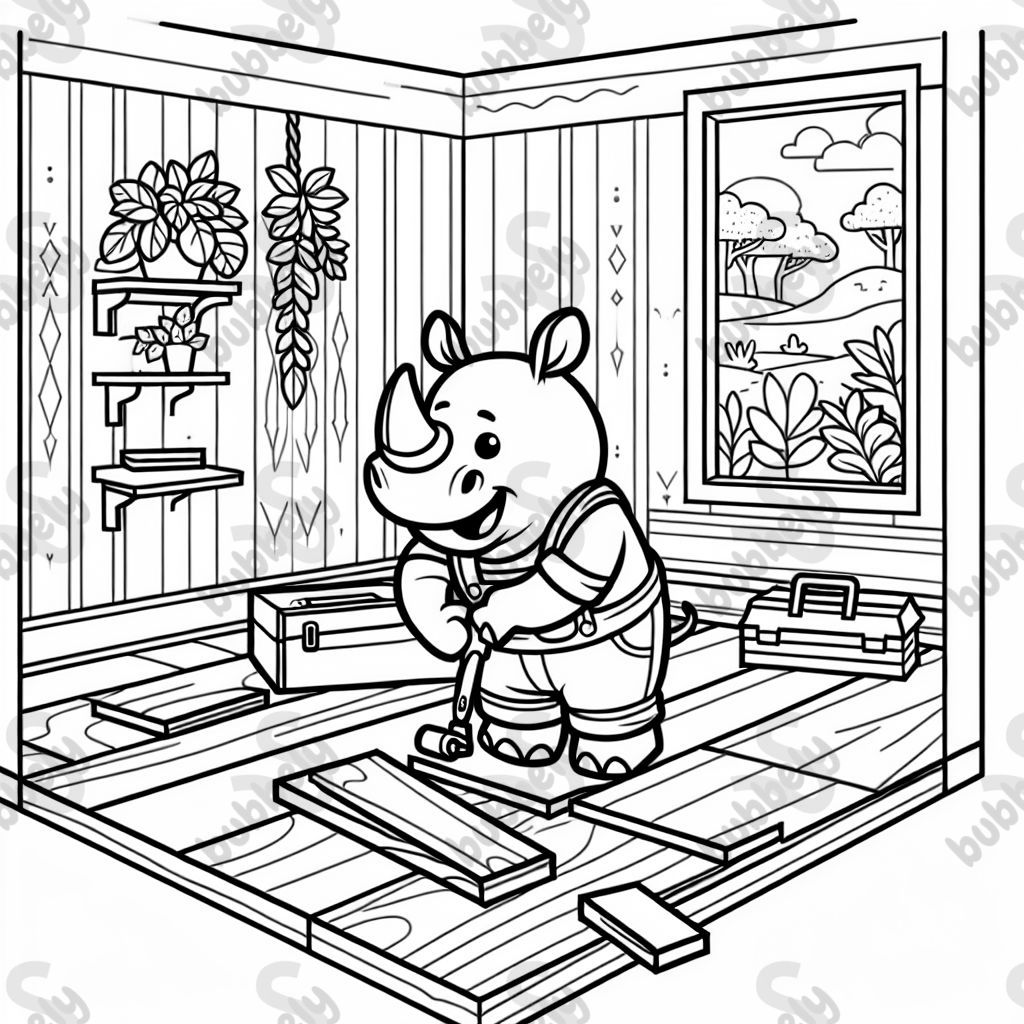 A rhino installing flooring