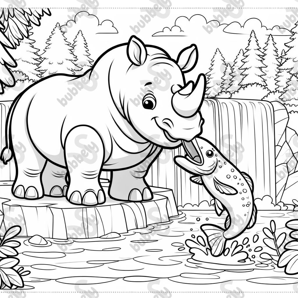 A rhino standing in the edge of a waterfall catching a jumping salmon in its mouth