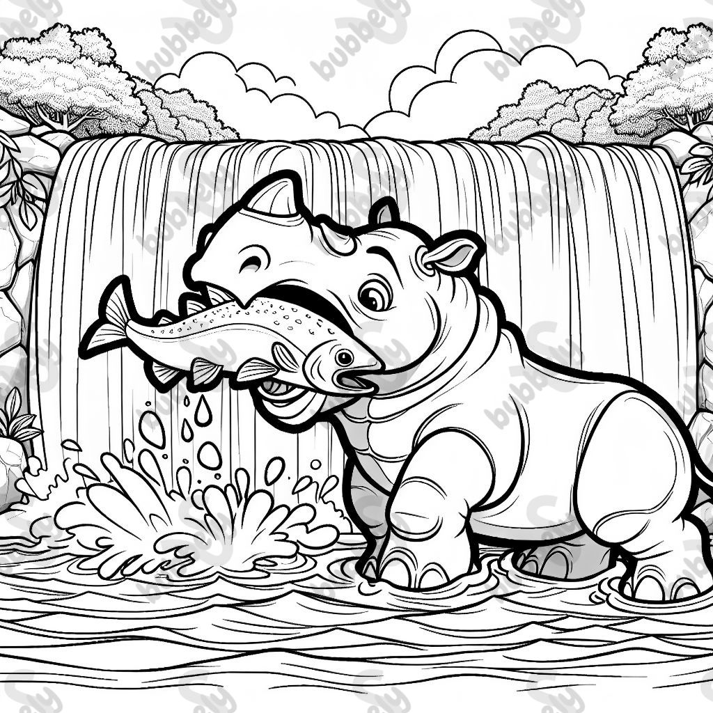 A rhino standing in the edge of a waterfall catching a jumping salmon in its mouth