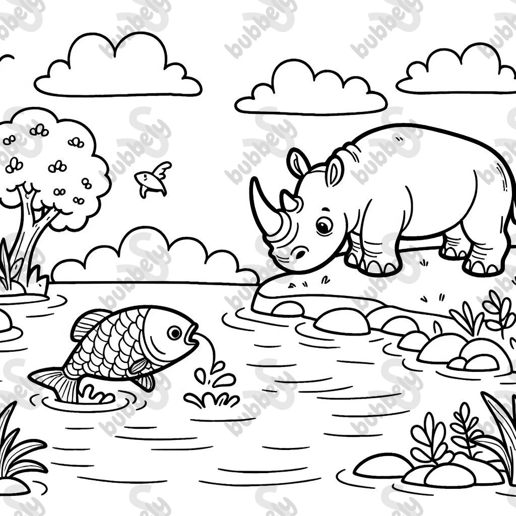 A rhino standing in a steam catching a fish jumping out of the water