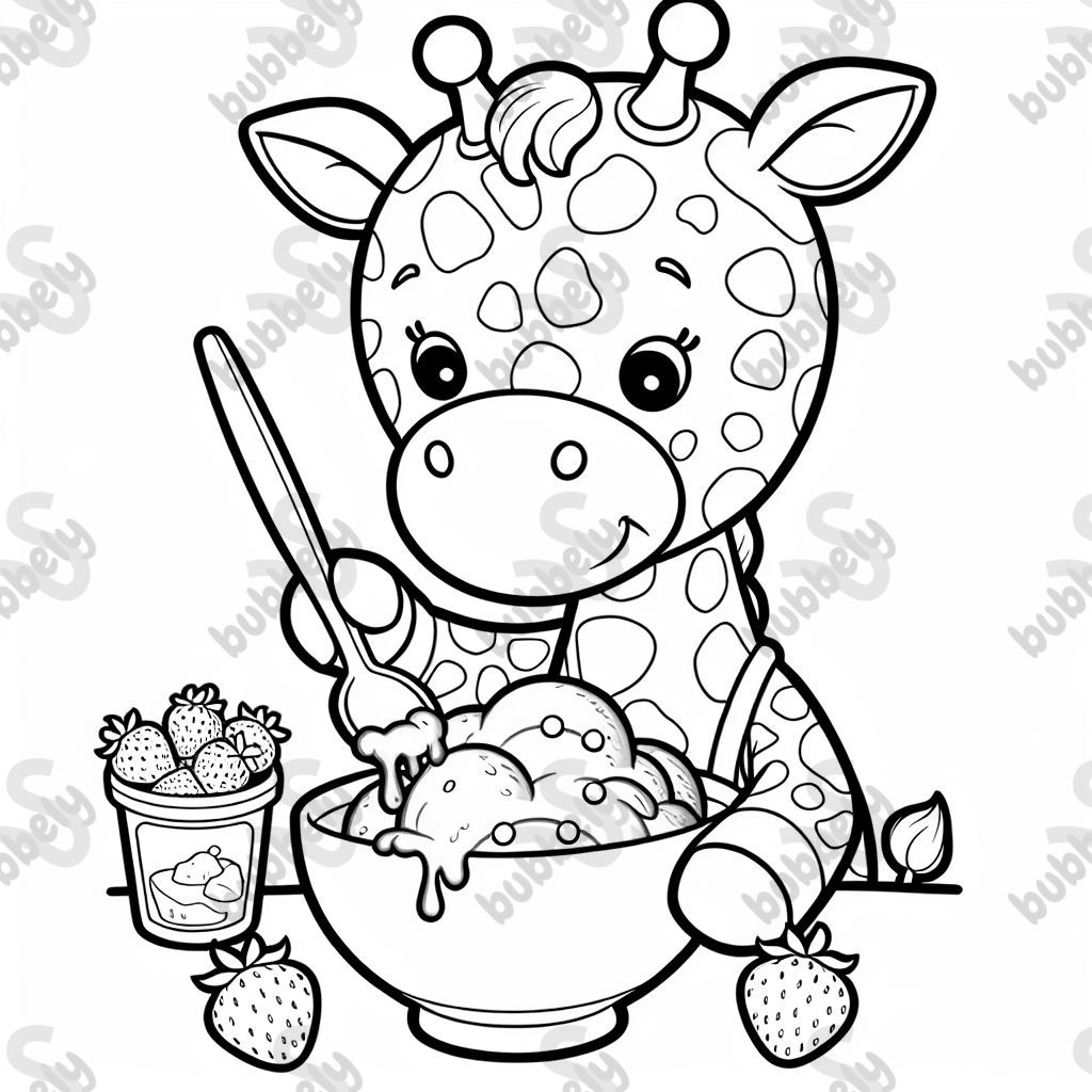 Giraffe die zum Frühstück Erdbeereis macht