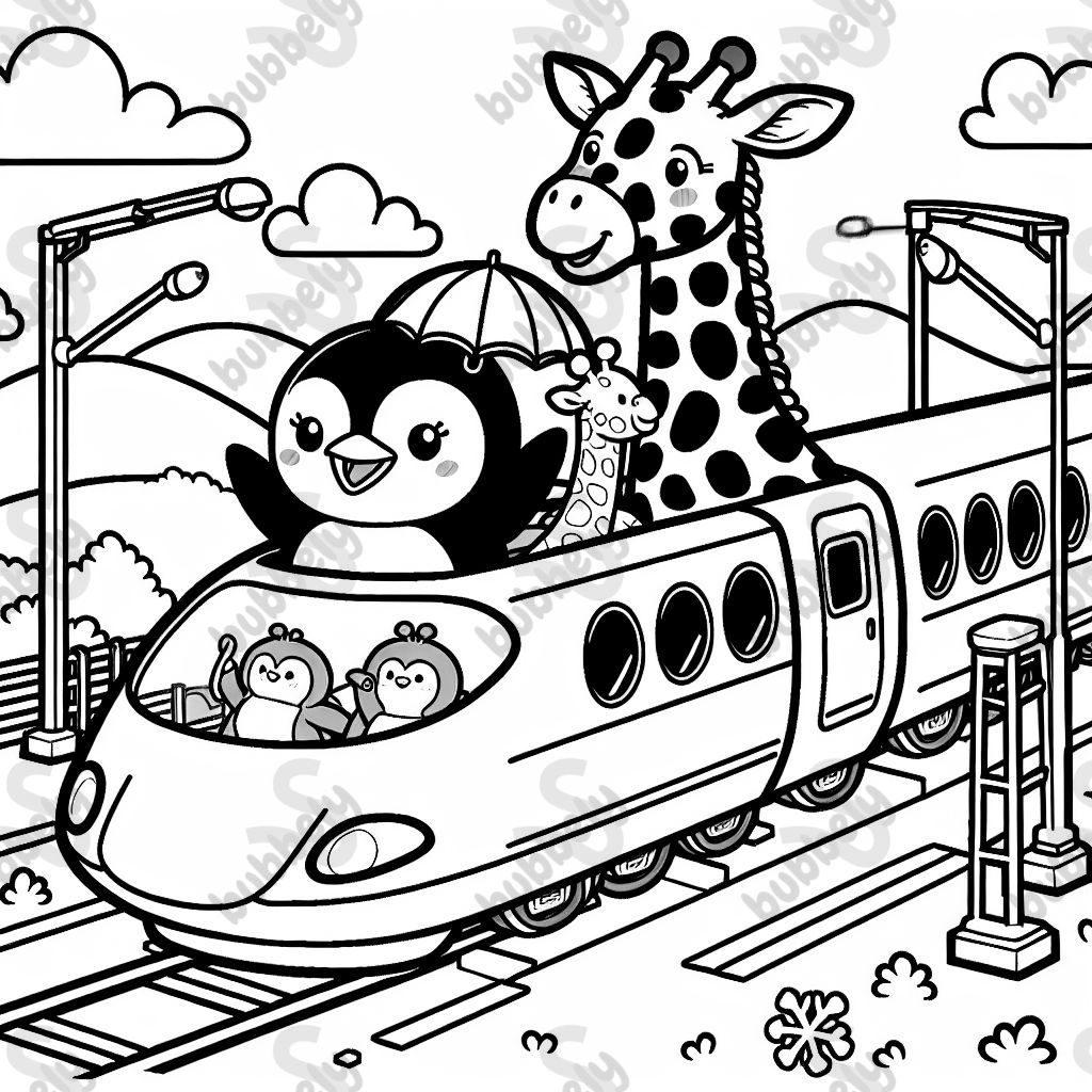 A penguin and a giraffe in a shinkansen.