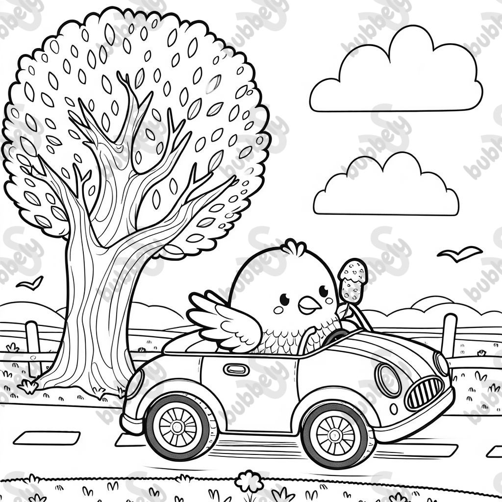 A tree bird driving a car while eating a sausage roll