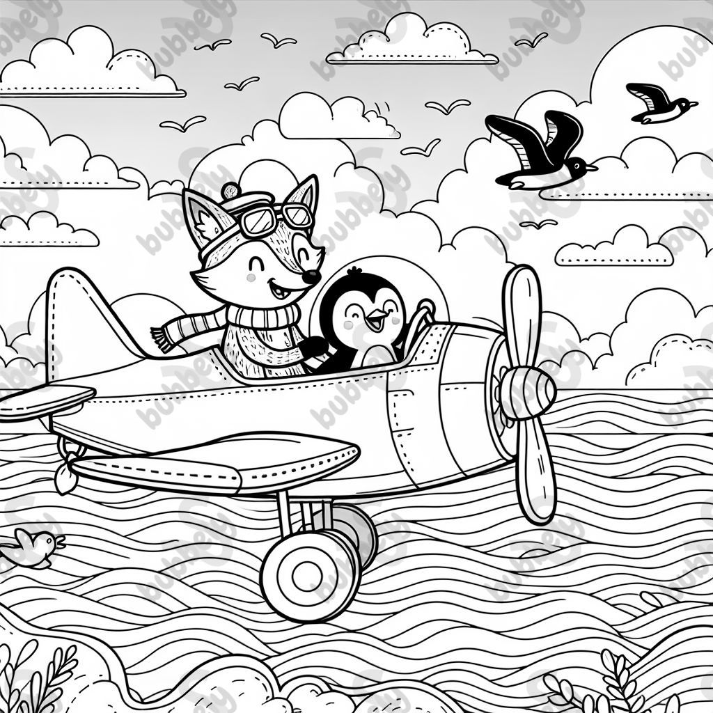 A fox flying a plane with penguin passengers over the ocean 