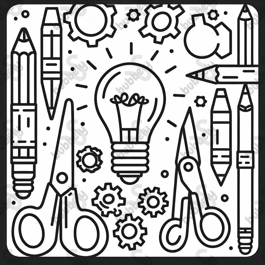 ampoule, crayons, ciseaux, engrenages ampoule, crayons, ciseaux, engrenages