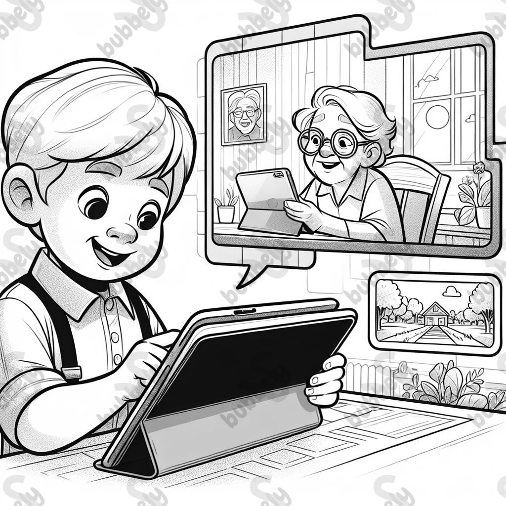 young blond hair boy talked to his grandmother on video chat with a tablet