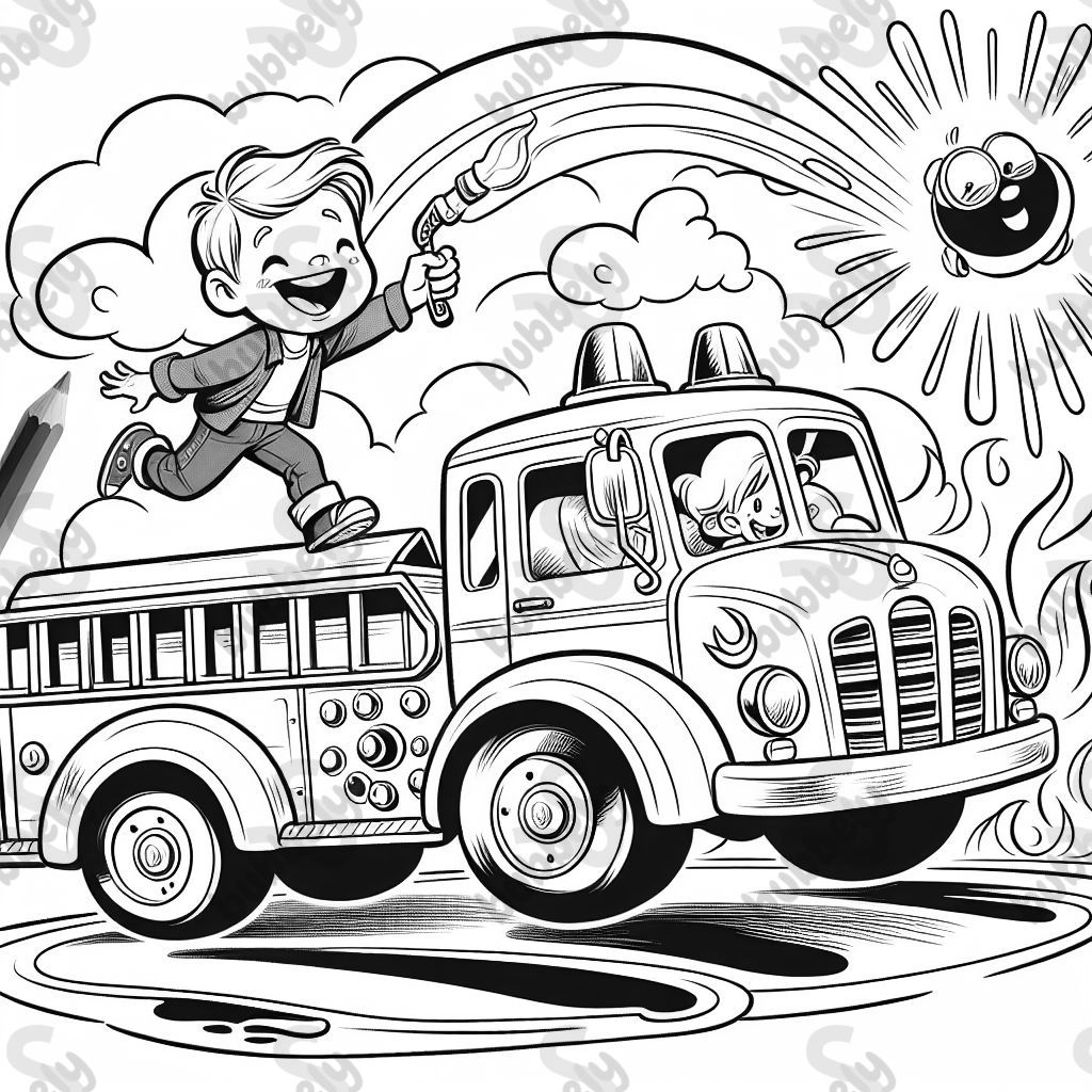 young blond hair boy, red orange yellow firetruck 