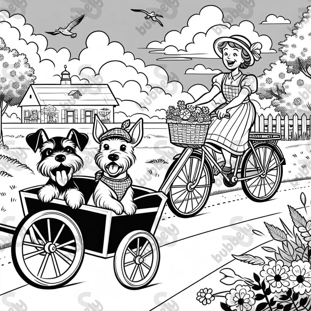 Ein Junge und sein Terrier sitzen im Fahrradanhänger. Vor ihnen fährt eine fröhliche Frau auf dem Fahrrad.