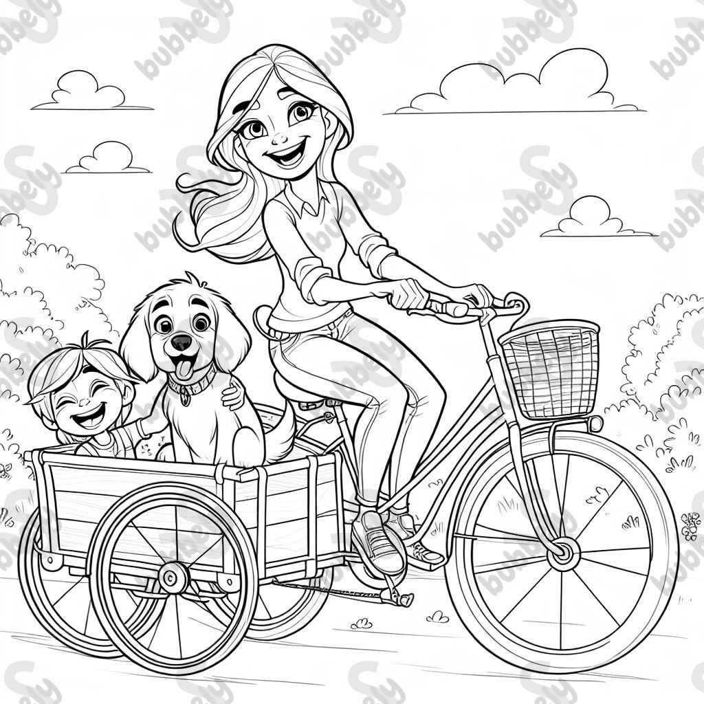 A lady with long hair rides her Bike. Behind her in the bicycle trailer are a 2 year old boy and his German hunting terrier
