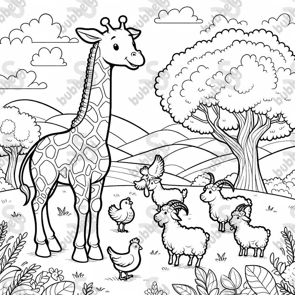 eine Giraffe spielt mit Ziegen und Hühnern