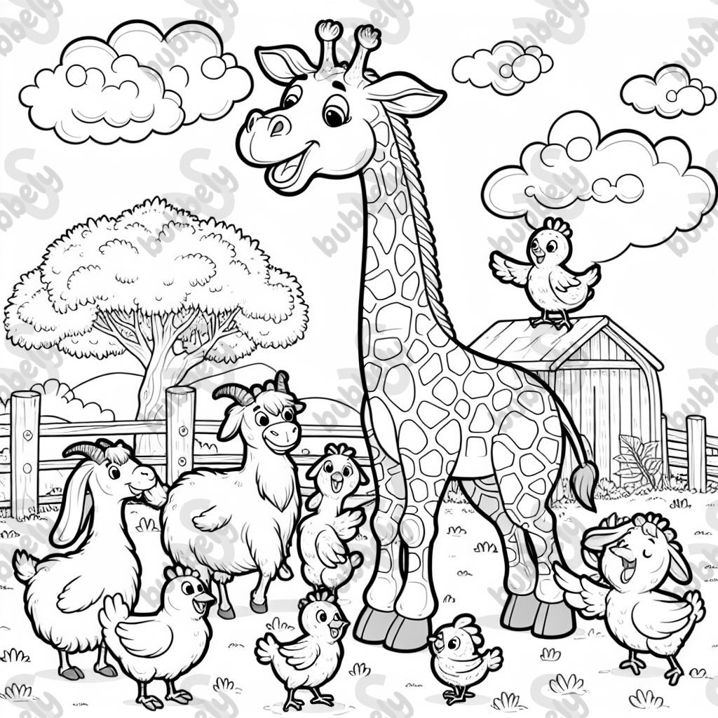 Giraffe spielt mit Ziegen und Hühnern 