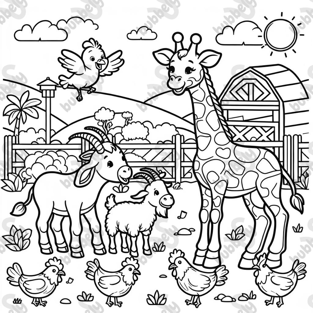 Giraffe spielt mit Ziegen. Im Hintergrund laufen Hühner