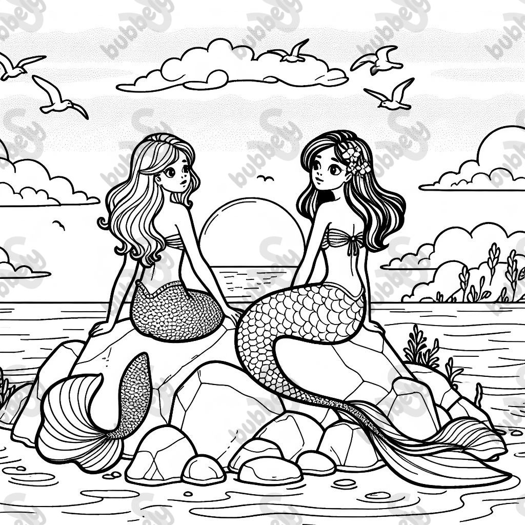 two mermaids sitting on rocks watching the sunset.
