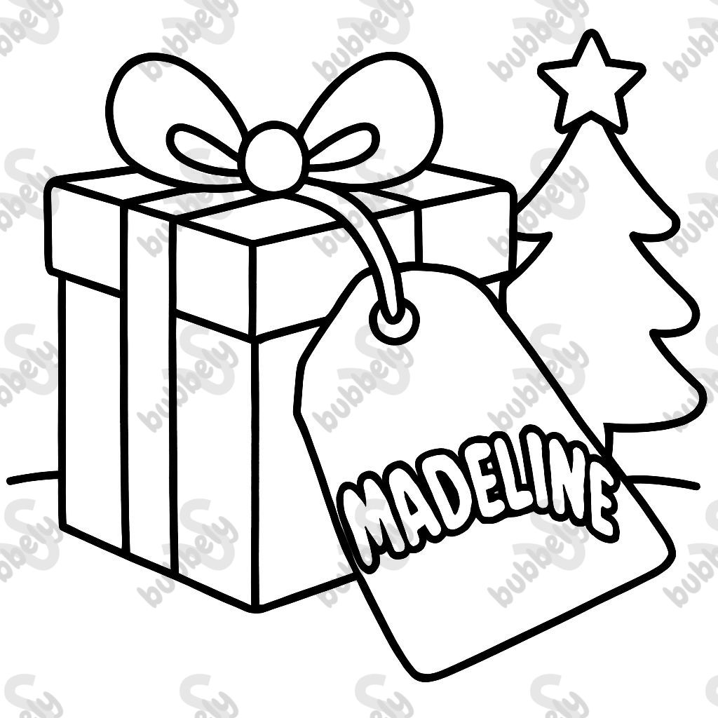 Madeline in bubble letters on the tag of a Christmas gift