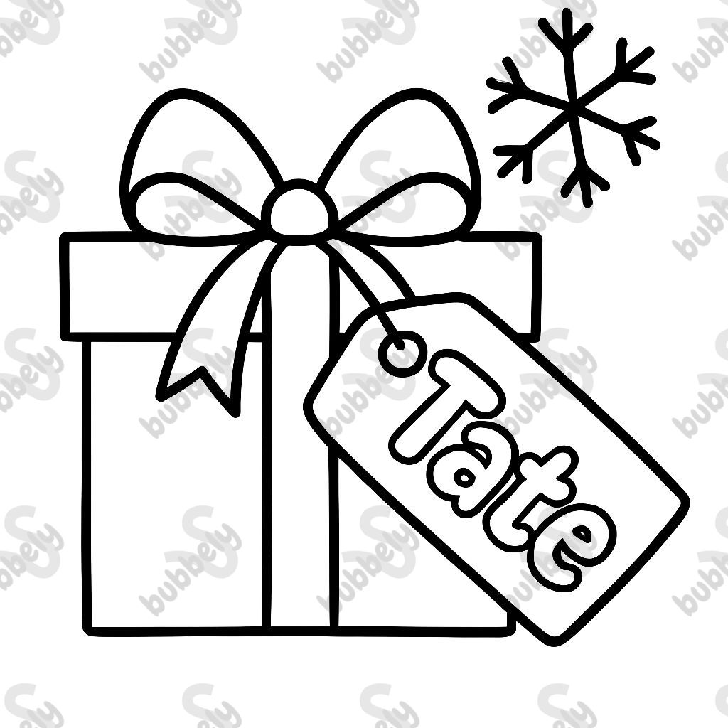 Tate in bubble letters on a Christmas present tag. Tate in bubble letters on a Christmas present tag.