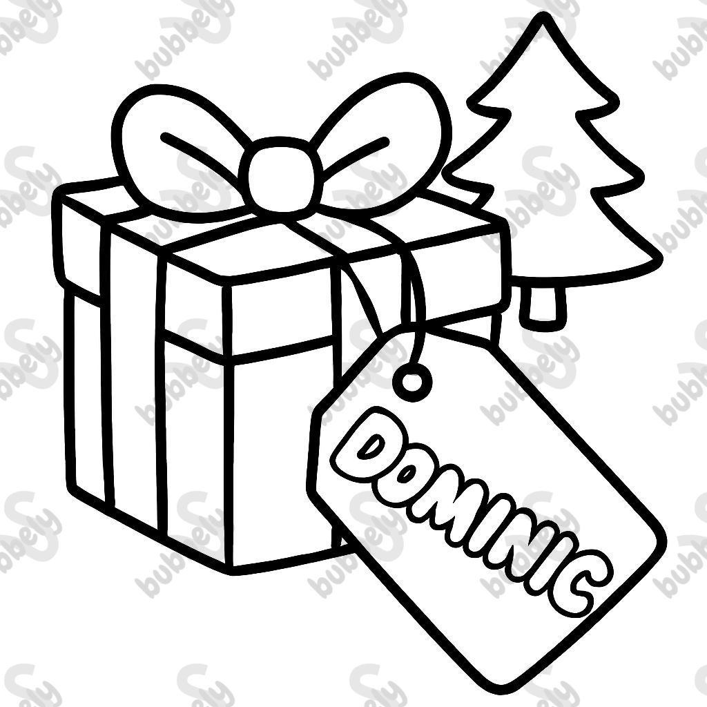 Dominic in bubble letters on the tag of a Christmas gift