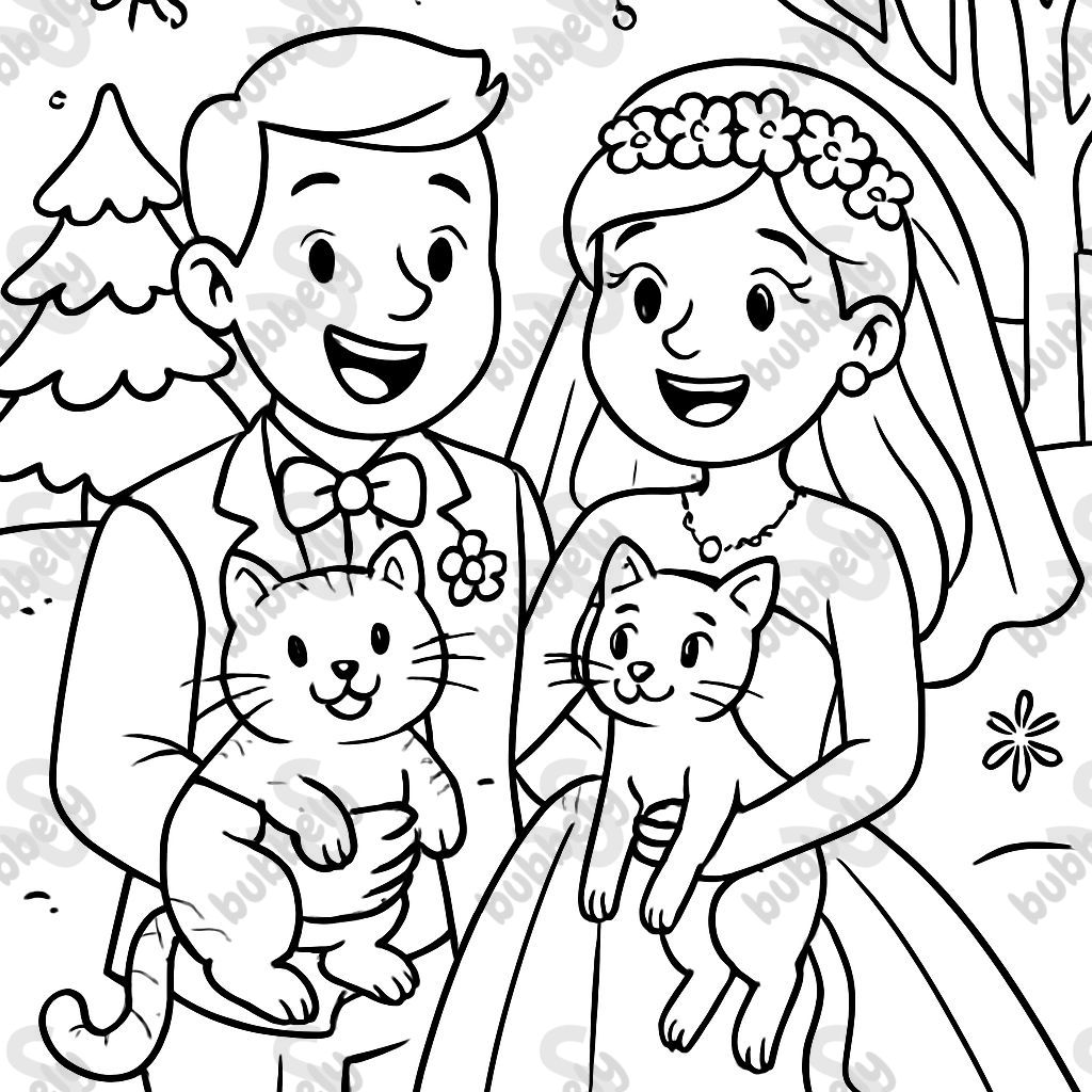 A couple at their winter wedding holding their two cats.