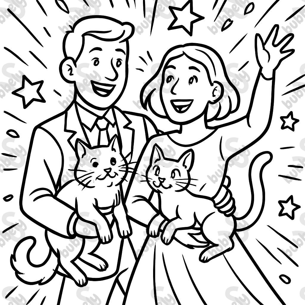 A couple at their wedding holding their cats. Both people have short hair. One is wearing a suit and the other is wearing a long sleeve dress with no veil.