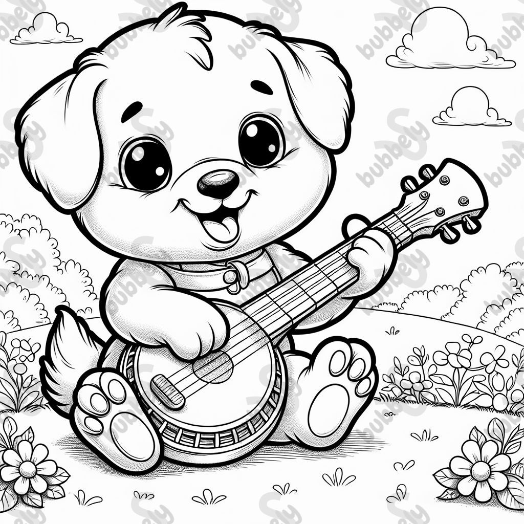 a puppy playing the banjo