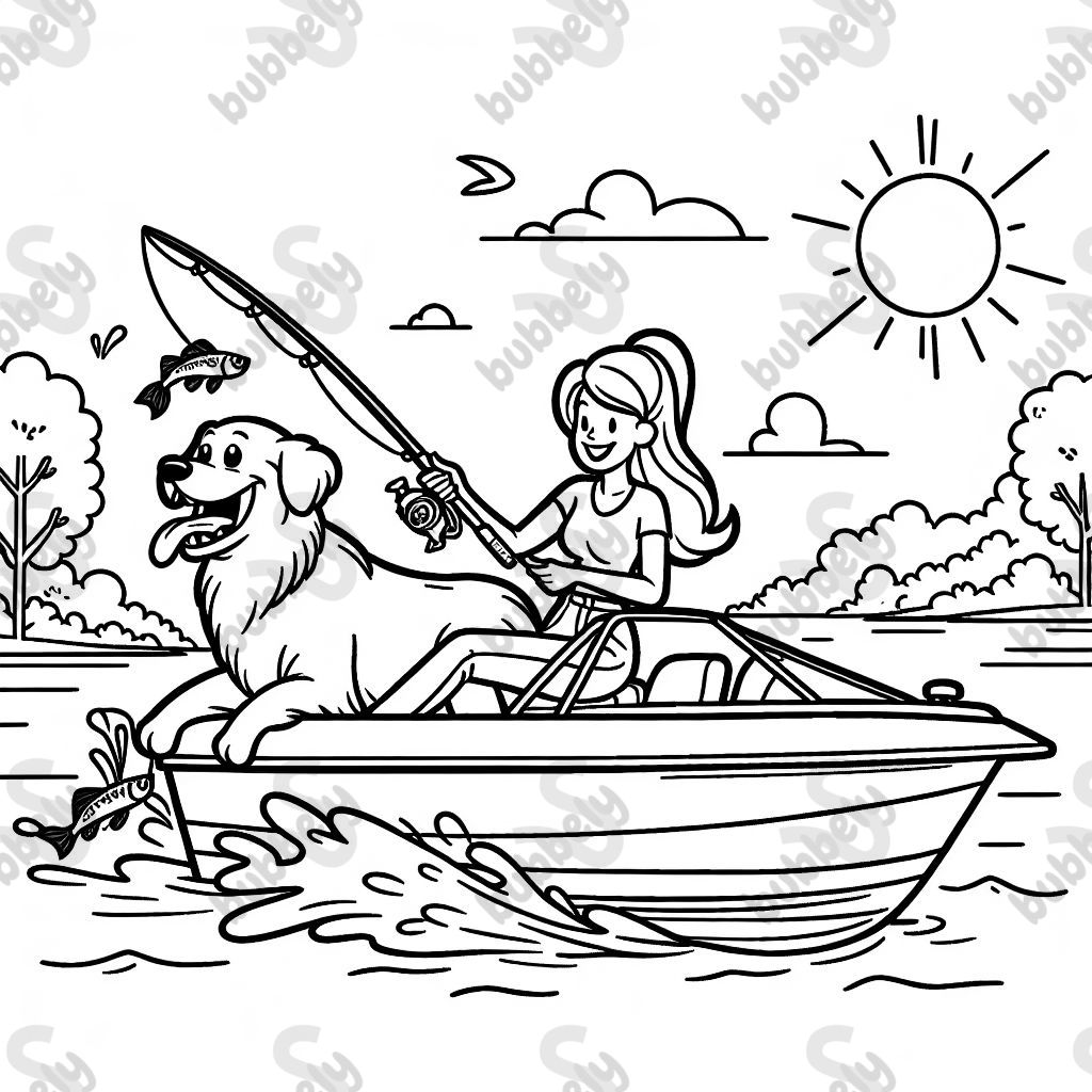 A woman and her big fluffy golden retriever on a speed boat fisher on the river. The woman has a fishing pole in her hand and the golden retriever has a fish in his mouth. A bright sunny warm day outside.