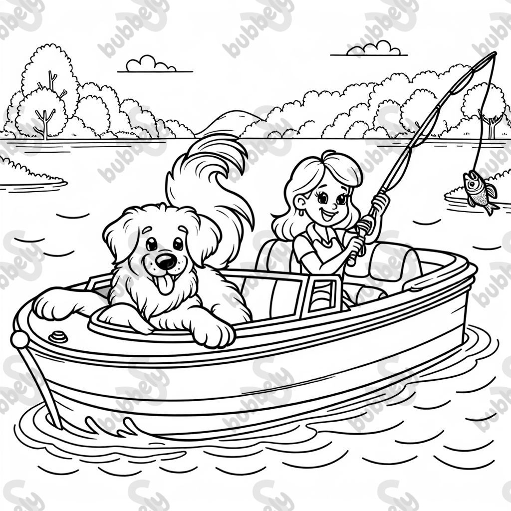 a woman and her big fluffy golden retriever on a speed boat fishing on the river. The woman has a fishing pole in her hand and the golden retriever has a fish in his mouth. A bright sunny warm day outside.