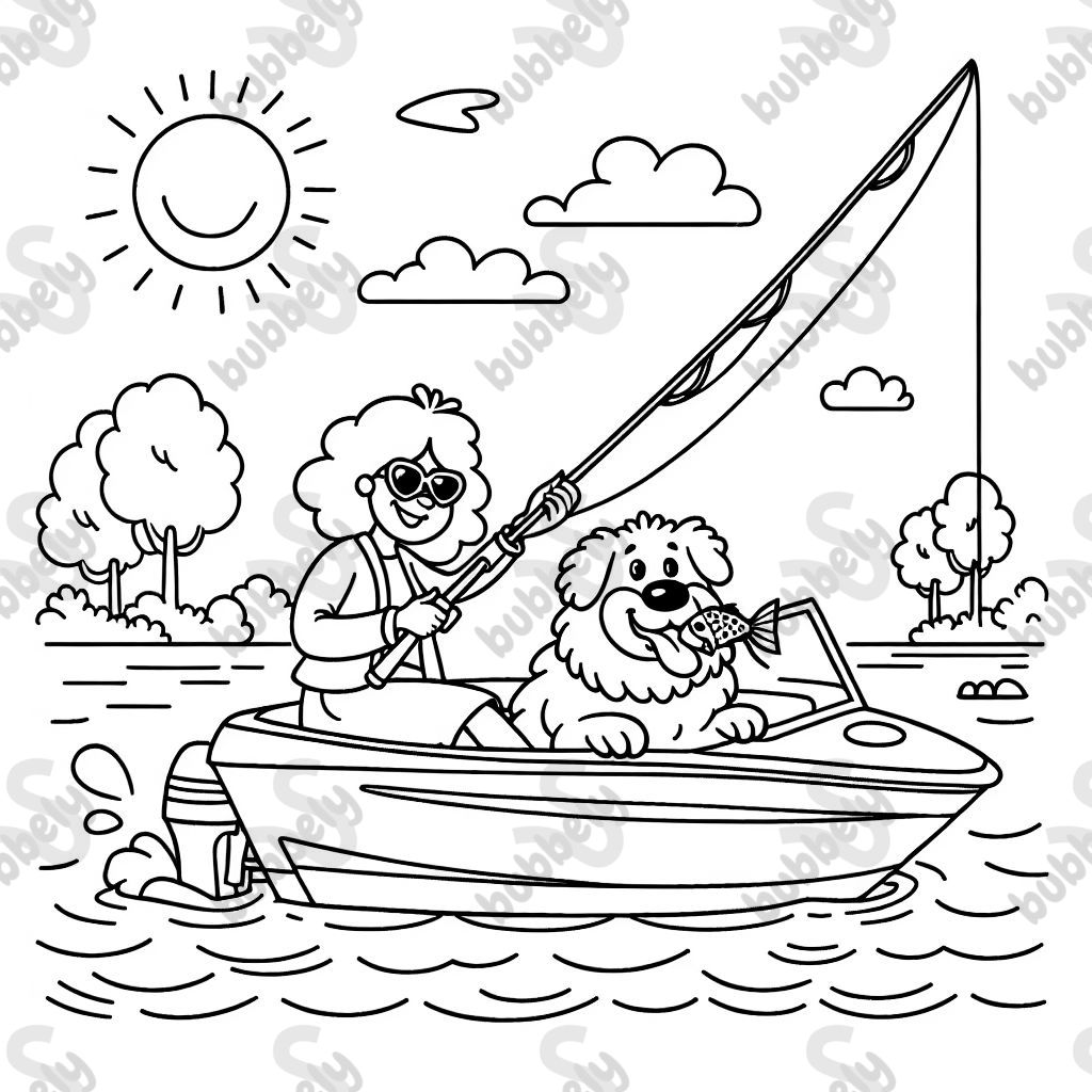 A woman and her big fluffy golden retriever on a speed boat fishing on the river. The woman has a fishing pole in her hand and the golden retriever has a fish in his mouth. A bright sunny warm day outside.