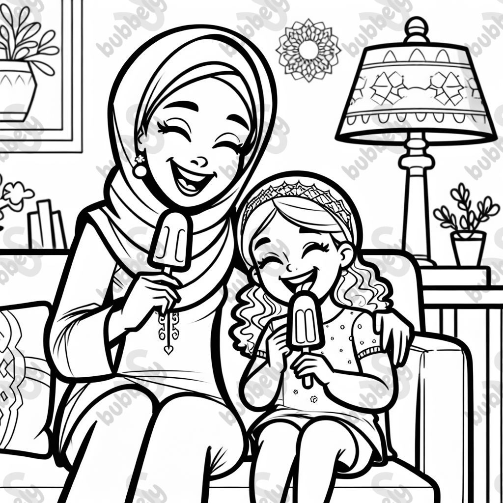 Mommy and daughter eating popsicles on the couch