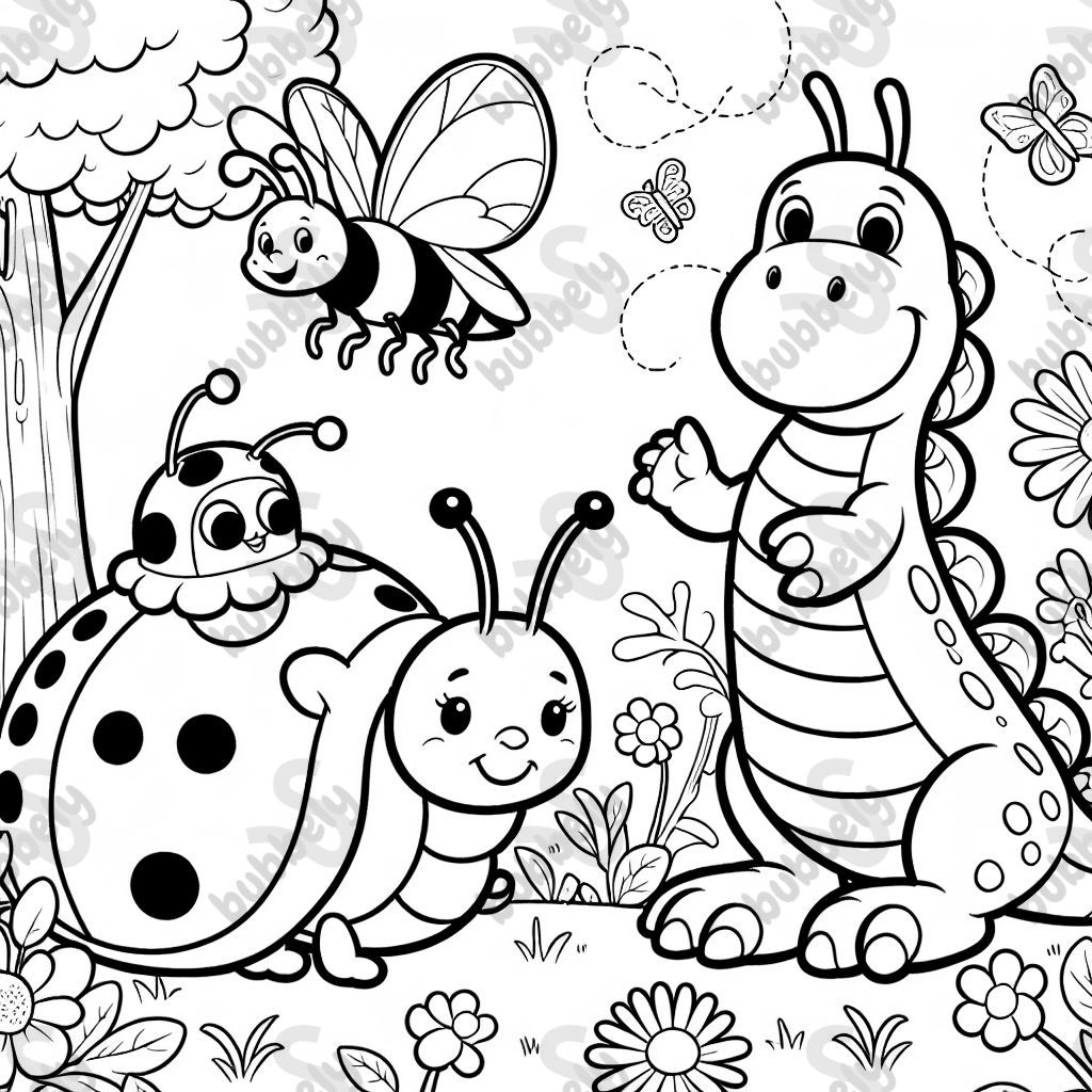 Marienkäfer und biene und raupe und dino