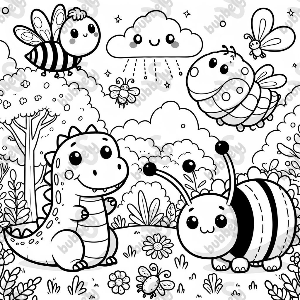 Ein niedlicher dino, eine niedliche raupe,  ein niedlicher Käfer eine niedliche biene 