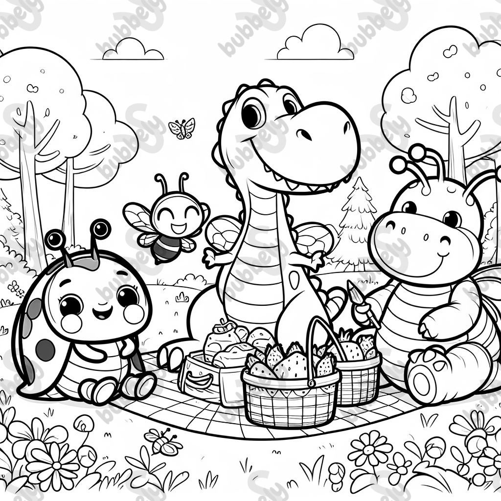 ein Marienkäfer ein dino eine biene und eine raupe machen zusammen ein Picknick 