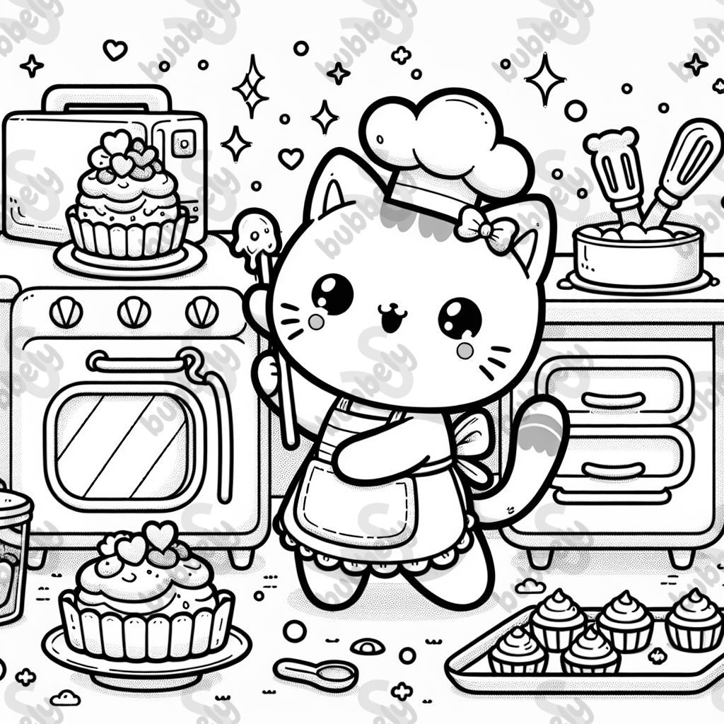 A kawaii kitten baking a cake