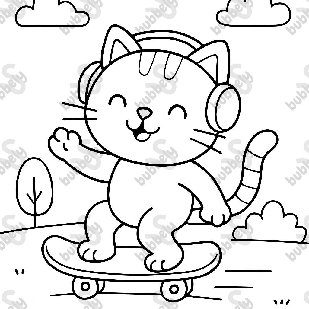 A cat riding a skateboard with headphones