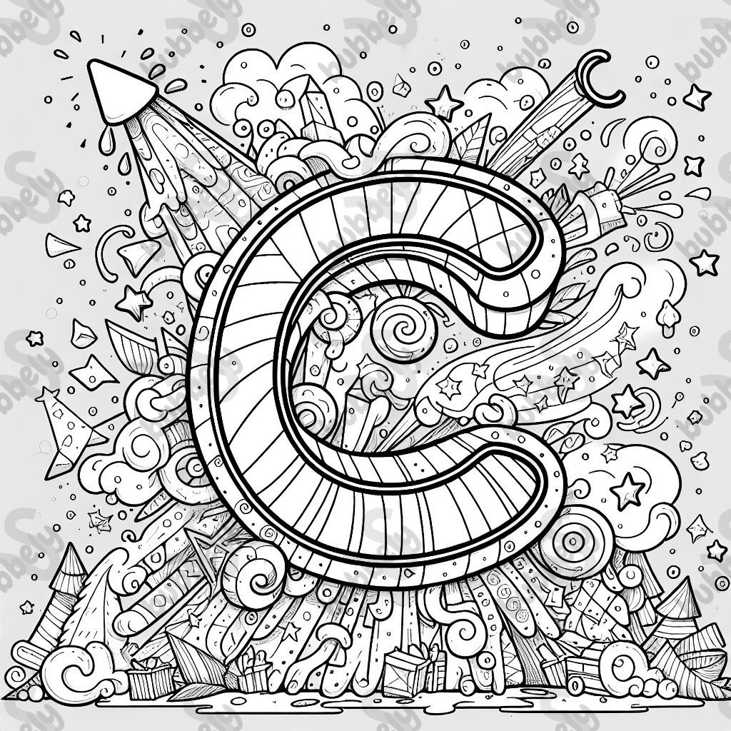 A giant letter c surrounded by letters and stars