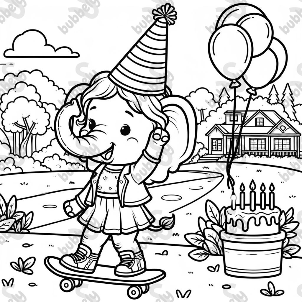 An elephant at her birthday party, skateboarding in her driveway