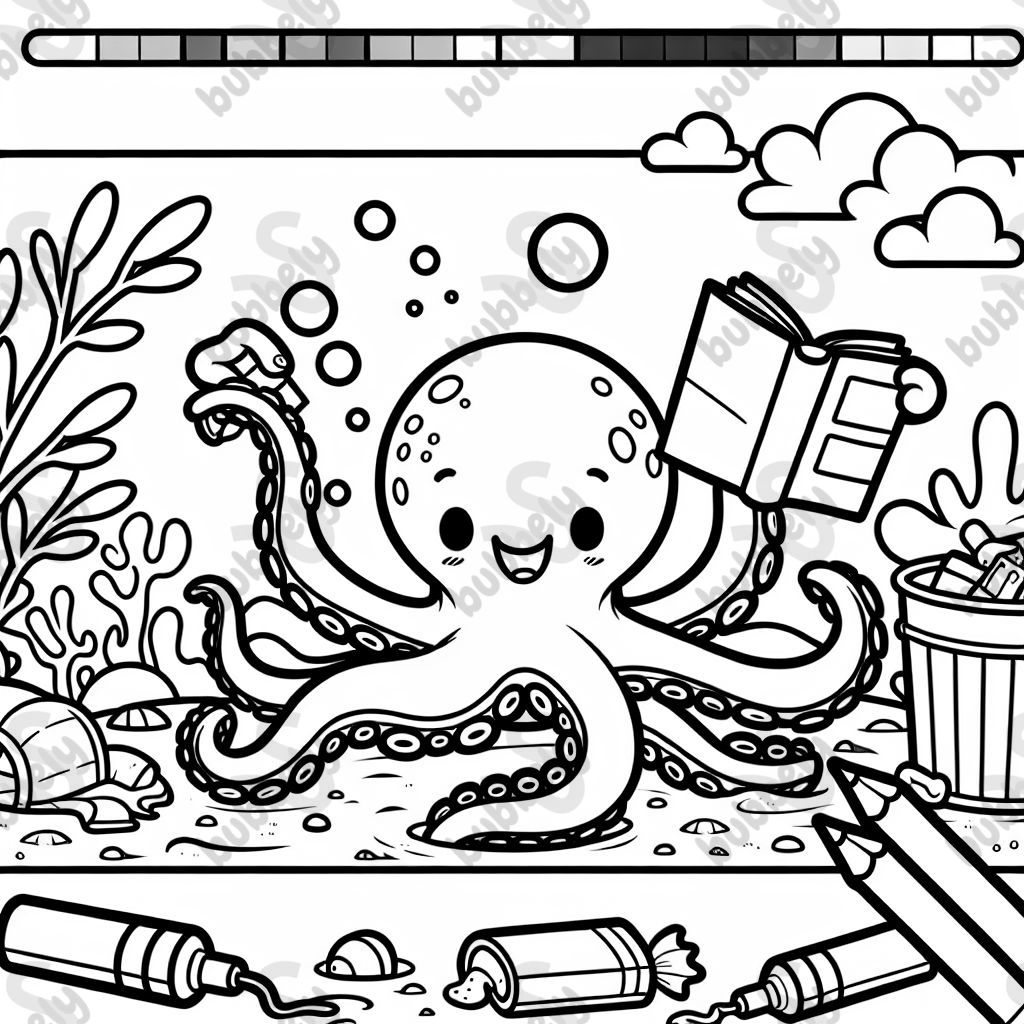 an octopus reading a book, drawing a picture, and picking up trash. 