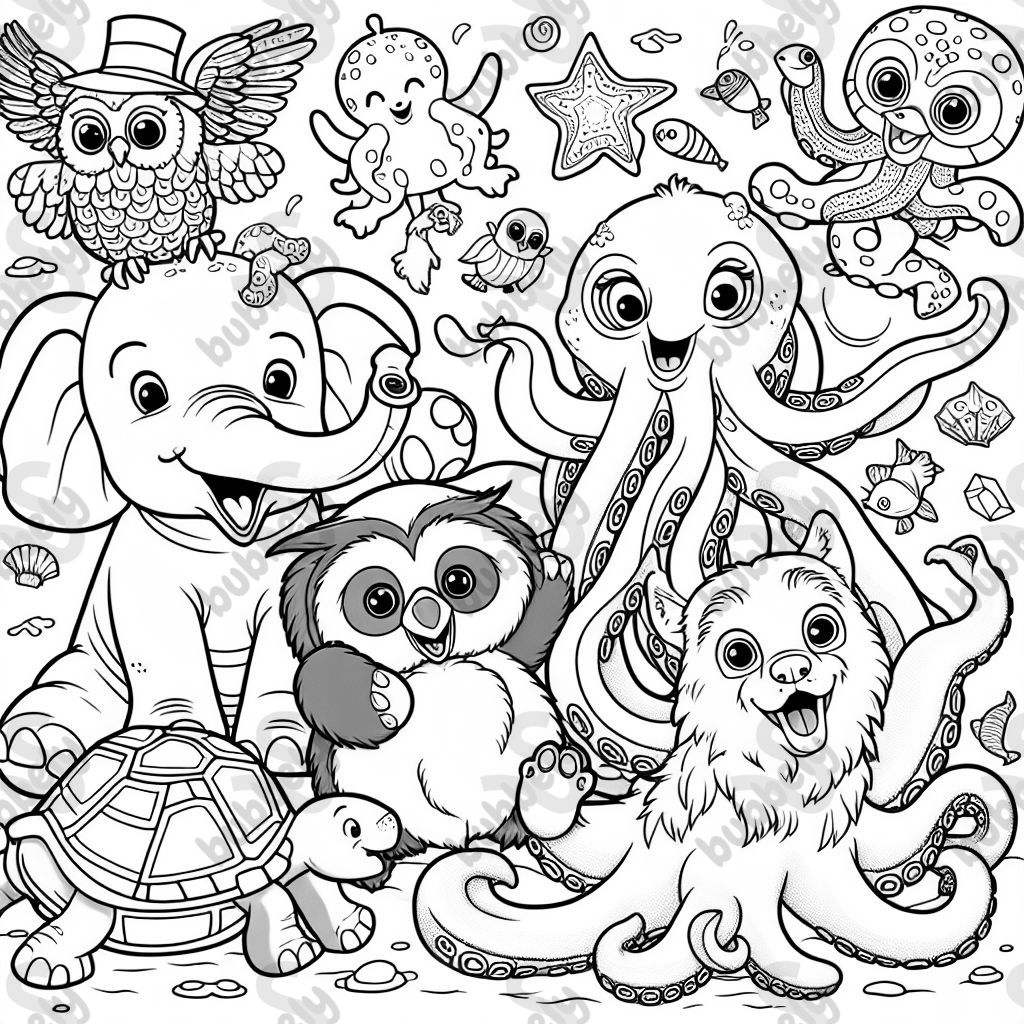 An elephant, an owl, a turtle, an octopus, a little bird, and a husky all at a big party together. 