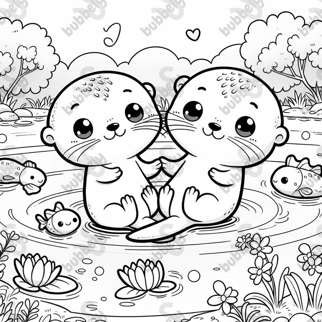Kawaii otters are floating on their backs, holding hands, and playing with small fish and water lilies