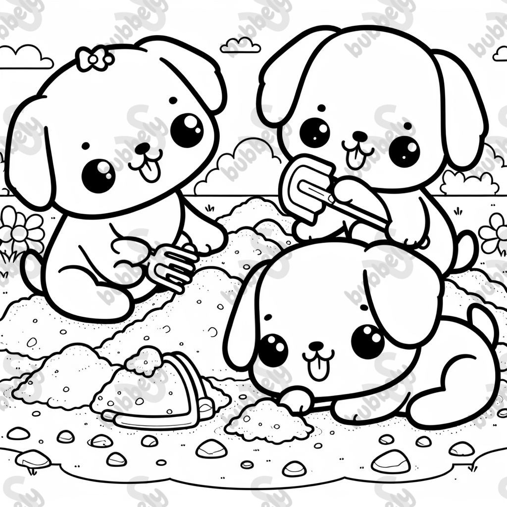 Kawaii puppies are digging in the sand 