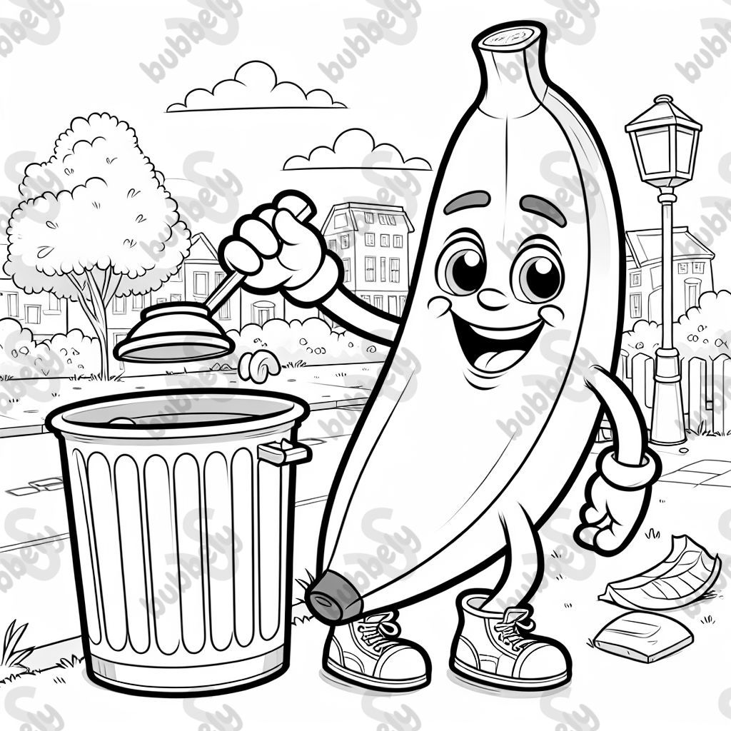 Banana emptying a trashcan
